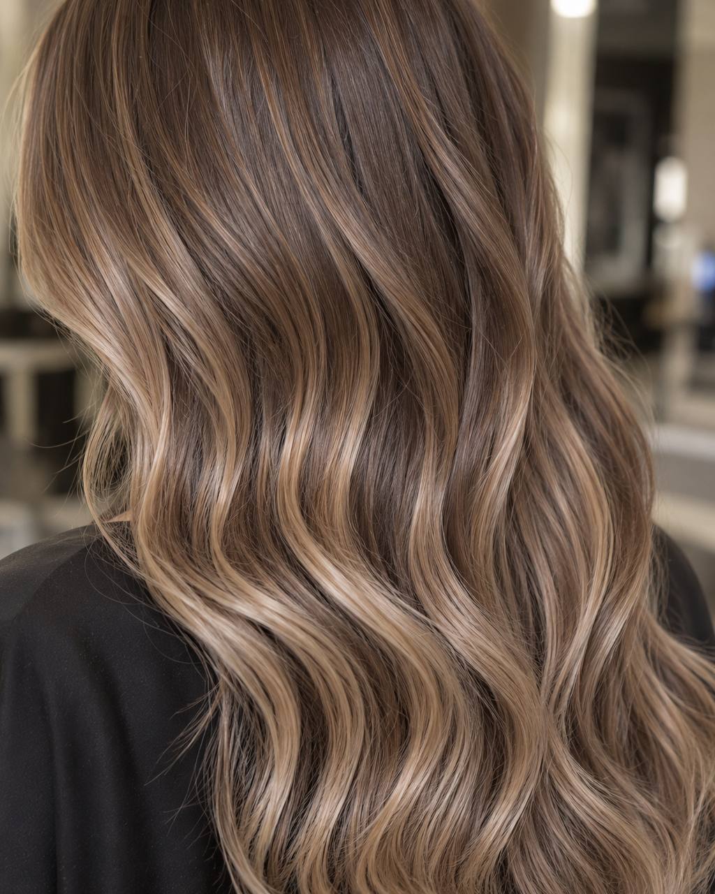 Balayage Braun mit Haselnuss-Reflexen auf schulterlangem Haar