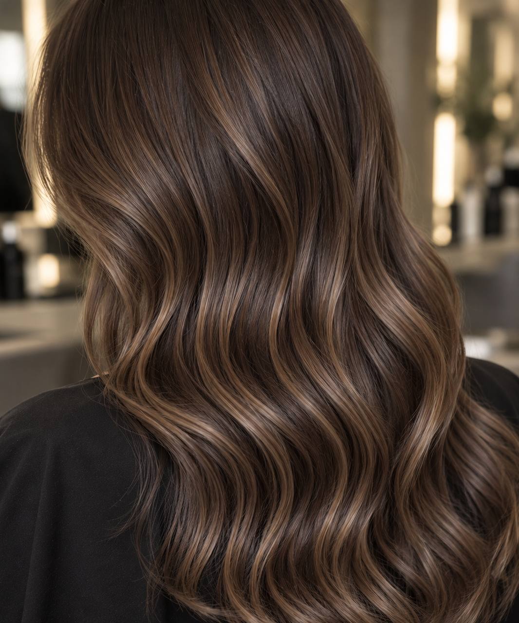 Balayage Schokobraun mit Mokka-Highlights auf langen dunklen Haaren
