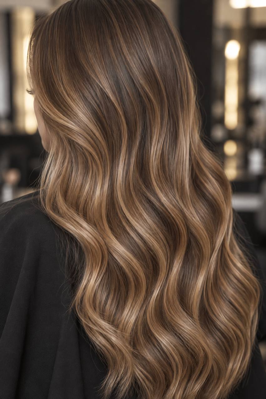 Balayage Karamell auf langen braunen Haaren mit weichen Wellen