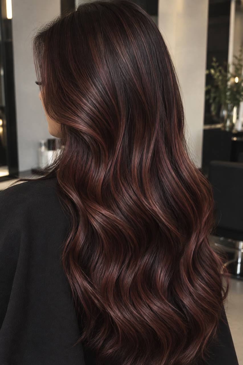 Balayage Rot in Mahagoni auf langen dunklen Haaren
